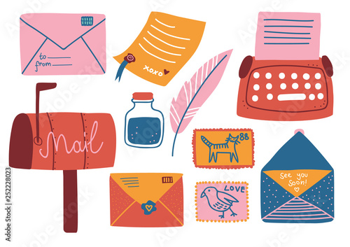 Post Supplies Set, Mailbox, Letters, Postcard, Pen, Inkwell, Typewriter Vector Illustration