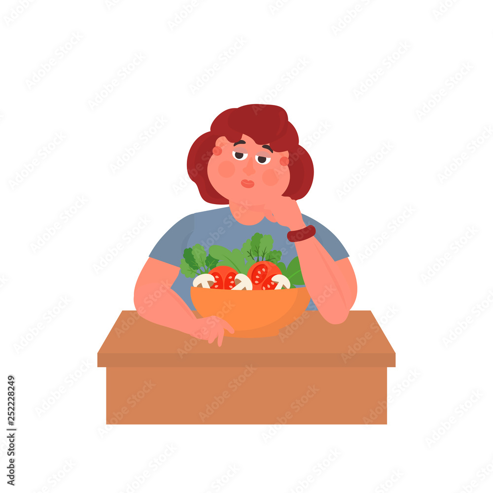 Fat woman at the table with a plate of salad. Funny Cartoon Character. Vector illustration of bad habits and people eating junk food. Stock Vector | Adobe Stock Fat woman at the table with a plate of salad. Funny Cartoon Character. Vector illustration of bad habits and people eating junk food. Stock Vector | Adobe Stock