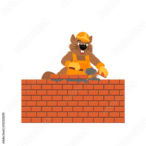 Beaver builder holds trowel and laying a brick wall.  Vector illustration cartoon character beaver isolated on white background.
