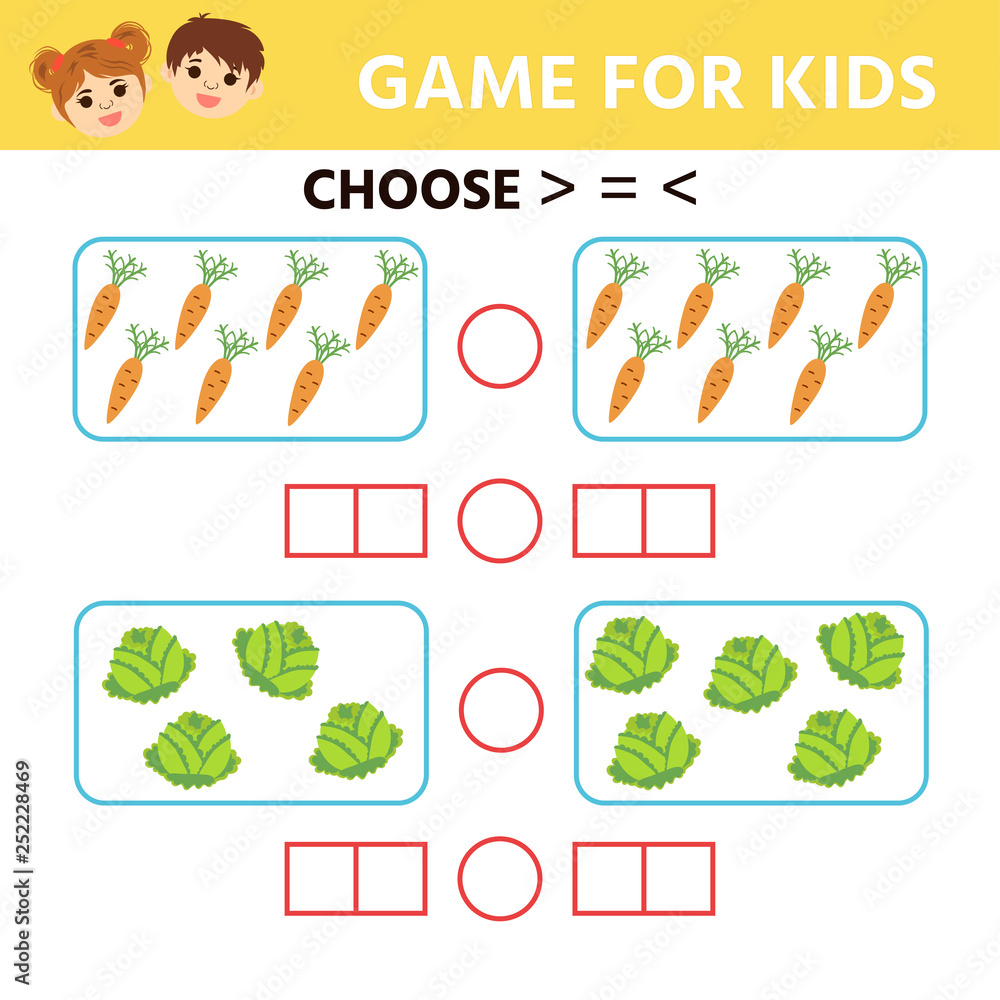 Education logic game for preschool kids. Choose the correct answer. More, less or equal. Vector illustration