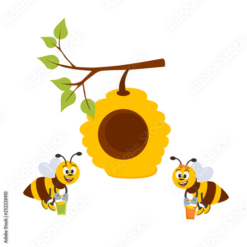 Cartoon branch of a tree with a beehive and a two bee. Vector  illustration  for children room, nursery decor, interior design.