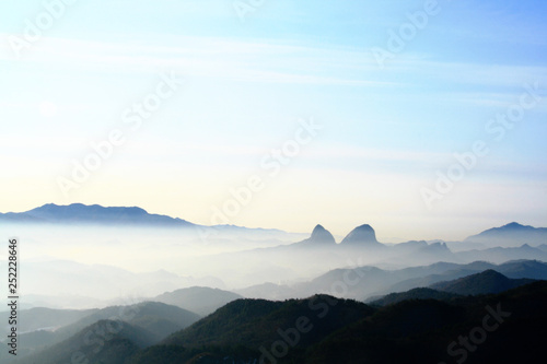 Mountains capped with the fog