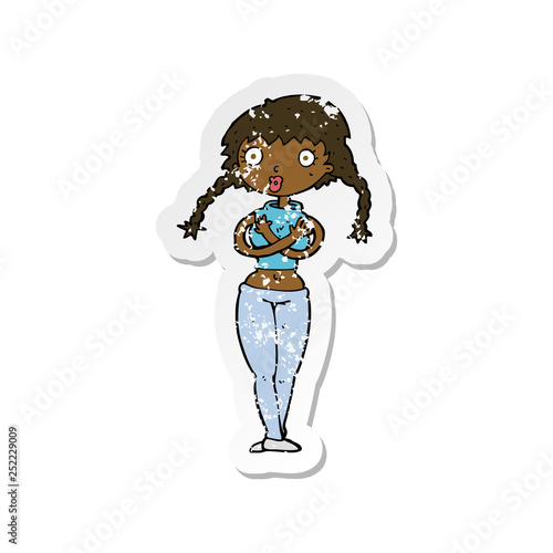 retro distressed sticker of a cartoon offended woman covering herself