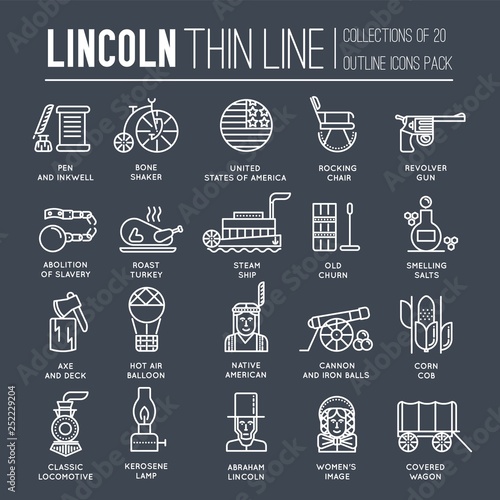 President Abraham Lincoln day with historical XIX (19) century elements thin line icon set. Vector people and traditional of USA object outline cover concept design. National culture traditions