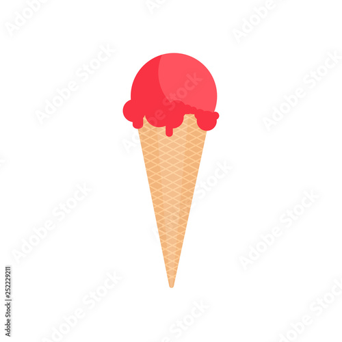 Pink strawberry ice cream in waffle cone. Cartoon icecream icon food. Vector illustration isolated on white eps10