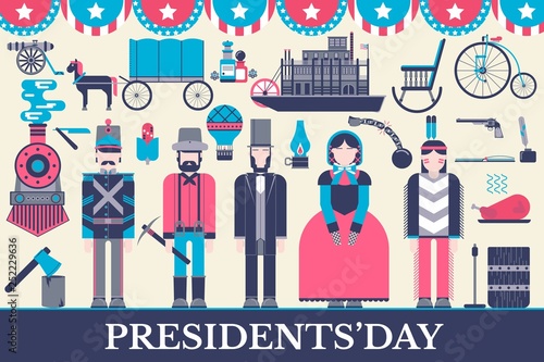 President Abraham Lincoln day with historical XIX (19) century elements flat icon set. Vector people and traditional of USA object illustrations cover concept design. National culture traditions