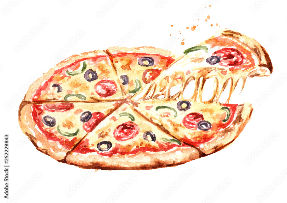 Delicious fresh hot pizza. Watercolor hand drawn illustration, isolated on white background Delicious fresh hot pizza. Watercolor hand drawn illustration, isolated on white background