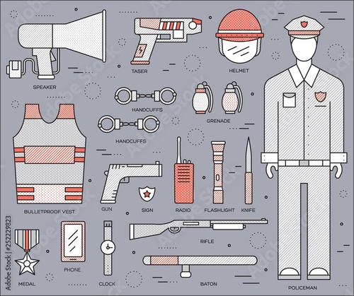 military police uniform thin line icons