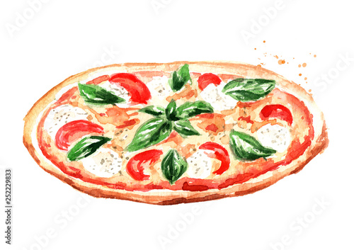 Delicious fresh hot pizza. Watercolor hand drawn illustration isolated on white background