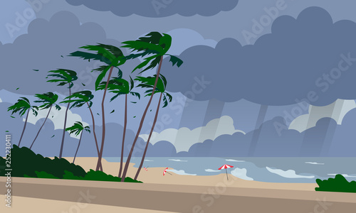 stormy weather beach landscape with palms sea waves  cloudy sky
