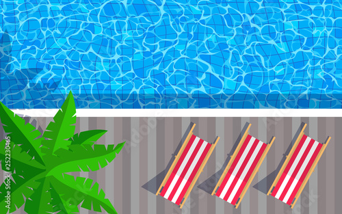 swimming pool top aerial view with wooden deck loungers palm tree horizontal illustration