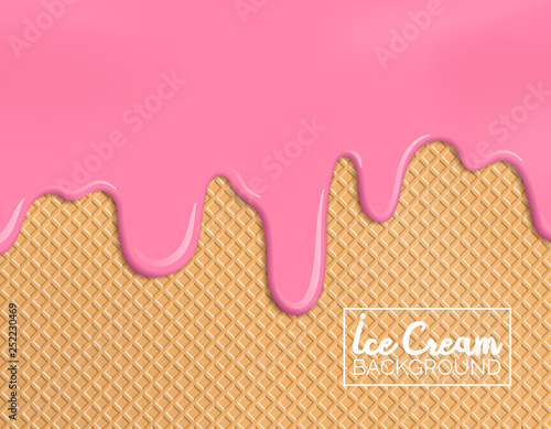 Fototapete melting strawberry ice cream on wafer background