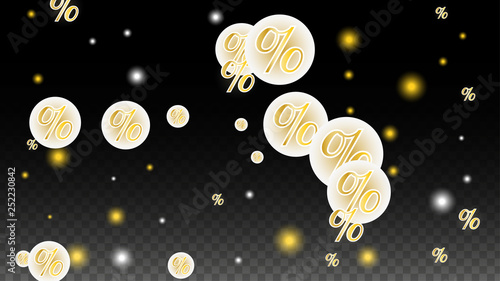 Luxury Vector Gold Percentage Sign Confetti on Transparent. Percent Sale Background. Business, Economics Print. Discount Illustration. Promotion Poster. Black Friday Banner. Special offer Template.