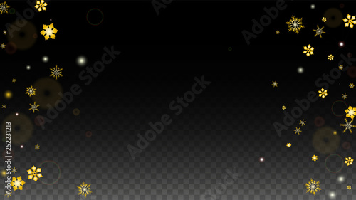 Christmas  Vector Background with Gold Falling Snowflakes Isolated on Transparent Background. Realistic Snow Sparkle Pattern. Snowfall Overlay Print. Winter Sky. Design for Party Invitation.