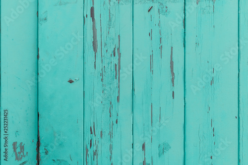 Turquoise wood texture surface. Old wooden painted timber background. Mint, rustic, summer door concept.