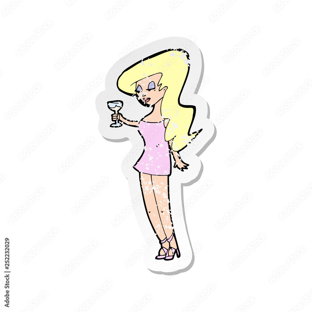 retro distressed sticker of a cartoon woman at party