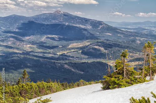 Mountain landscape in spring. Picturesque view stretches of the highest peak in Beskids mountains (Babia Gora), Poland. View from Pilsko