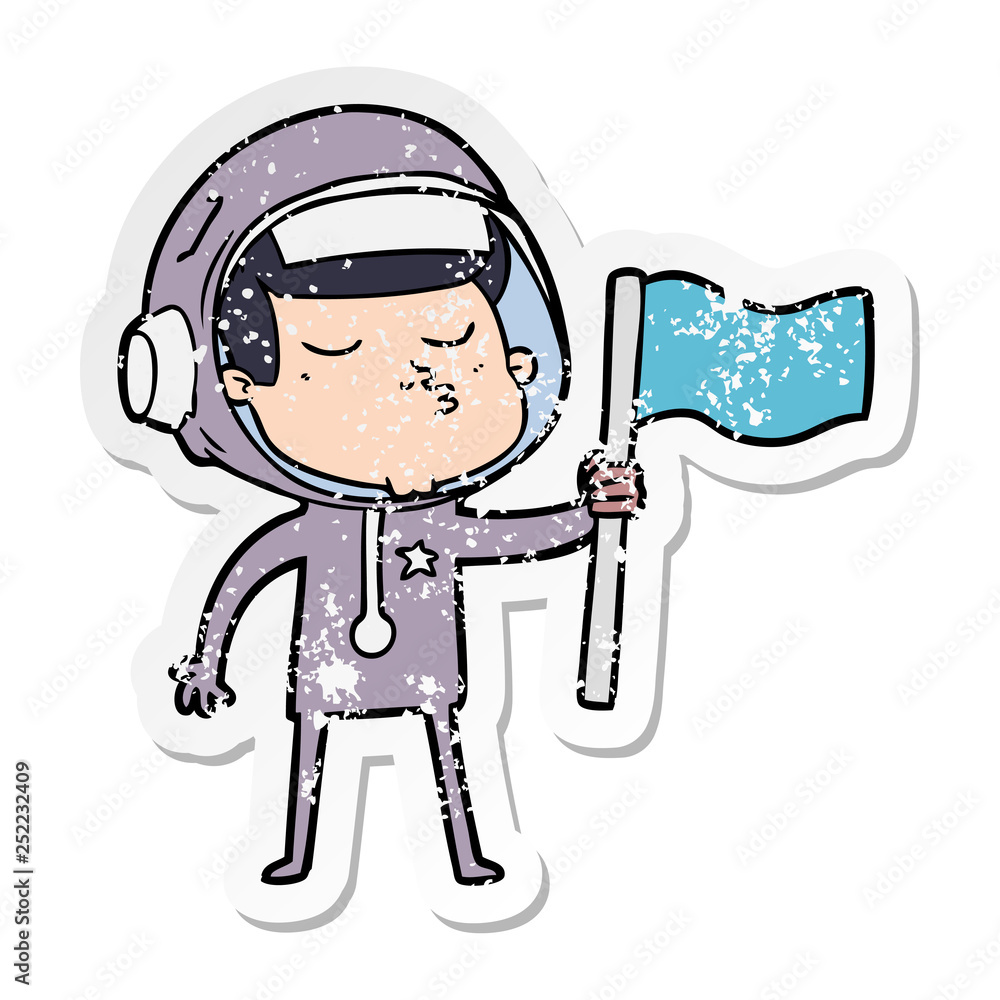 distressed sticker of a cartoon confident astronaut waving flag distressed sticker of a cartoon confident astronaut waving flag