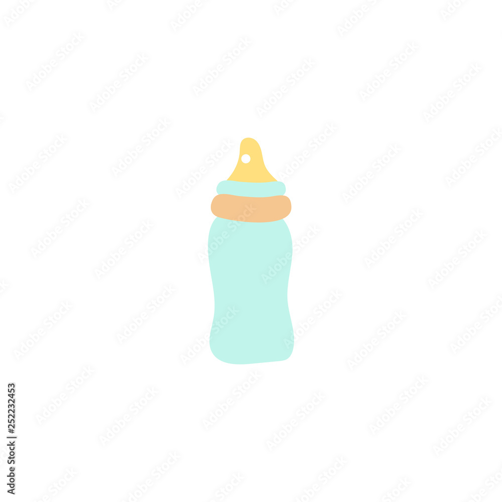Flat style icon of a baby bottle with milk for the happy child. Simple object for kid comfort. Flat style icon of a baby bottle with milk for the happy child. Simple object for kid comfort.