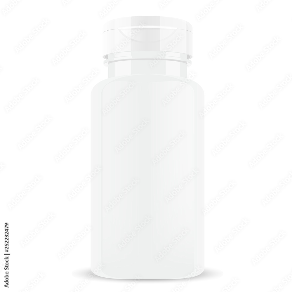 White Pill Bottle. Vitamin Tablet Glossy Container. Pharmacy Jar Mockup  with Herbal Nutrition Capsule. Sport or Pharmaceutical Packaging for Bcaa,  Aspirin, Antibiotic. Medicament Design Mockup. Stock Vector | Adobe Stock