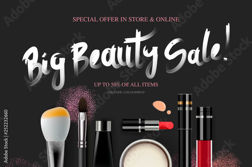 Big Beauty Sale, cosmetics banner for shopping season, makeup, accessories, equipment, beauty, facial, fashion. Vector illustration.