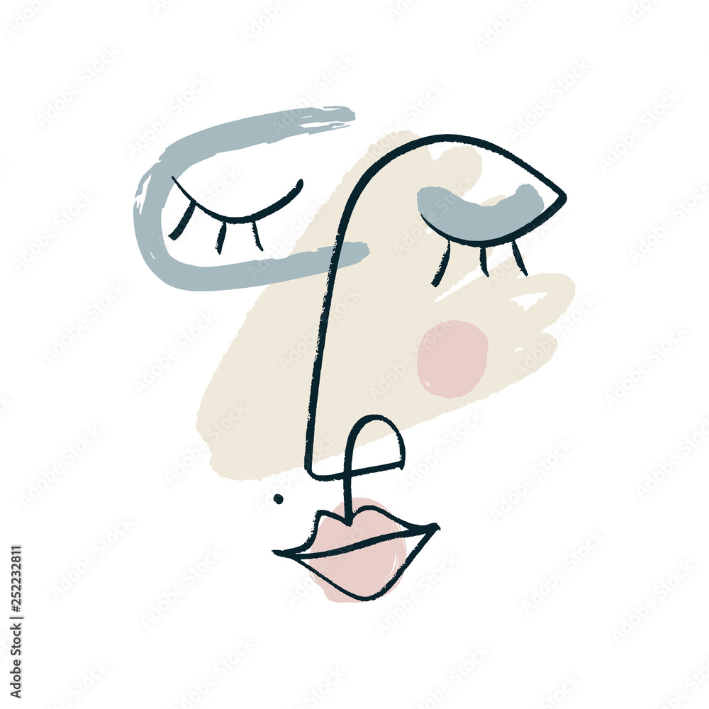 Simple hand drawn black and white trendy line portrait face art. Color