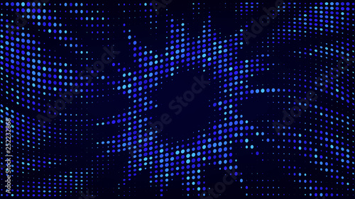 Festive shiny neon background. Halftone gradient pattern vector illustration. Explosion, salute. Glowing blue dotted, dark blue disco lights halftone texture. Pop Art comic Background. Dots background