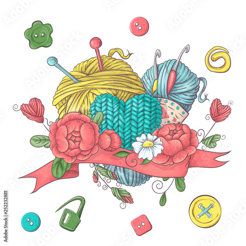 Set for handmade logo template, elements and accessories for crocheting and knitting.