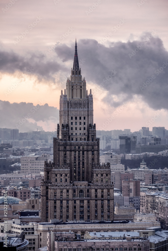 Moscow, Russia - January 9, 2019: Ministry of Foreign Affairs of Russia main building in Moscow, one of seven Stalinist style skyscrapers