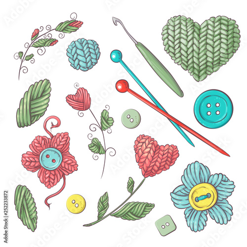 Set for handmade knitted flowers and elements and accessories for crocheting and knitting.