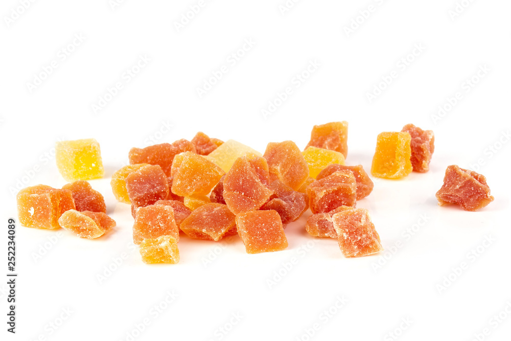 Lot of slices of dry papaya isolated on white background Lot of slices of dry papaya isolated on white background