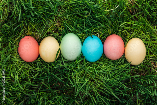 Canvas Print Top view of colorful easter eggs in row on green grass