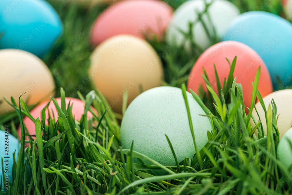 close up of pastel easter eggs on green grass