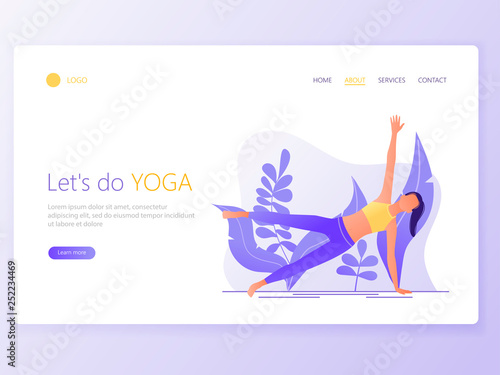 Landing Web page template of Yoga School, Studio. Modern flat design concept of web page design for website and mobile website. Woman does yoga exercise, yoga pose. Vector illustration