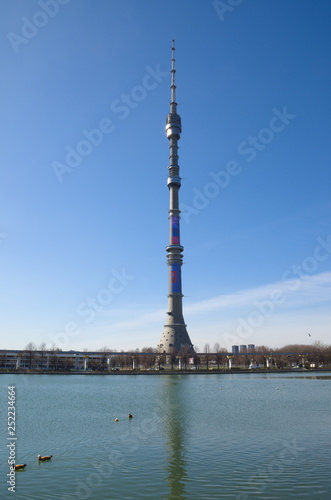 Moscow, Russia - April 24, 2018: Spring view of the Ostankino TV tower from the Ostankino pond