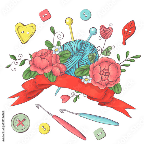 Set for handmade logo template, elements and accessories for crocheting and knitting.