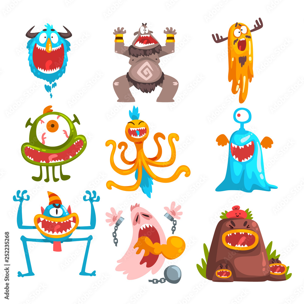 Funny cartoon monster with different emotions, colorful fabulous creature characters vector Illustration