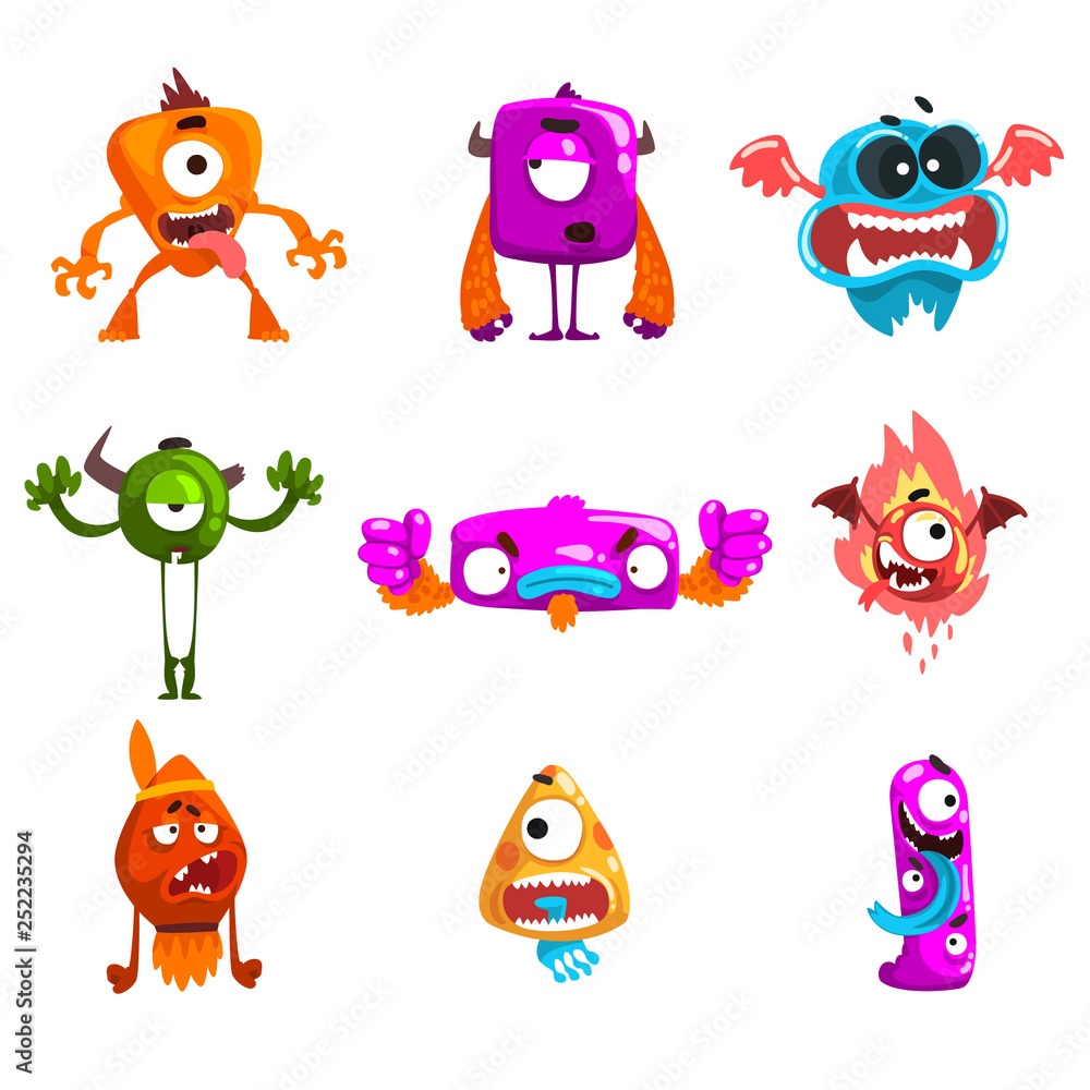 Funny cartoon monster with different emotions, colorful fabulous alien  characters vector Illustration Stock Vector | Adobe Stock
