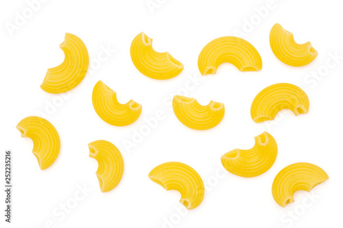 Lot of whole raw pasta pipe rigate variety flatlay isolated on white background photo