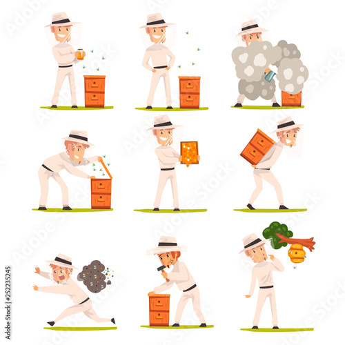 Cheerful beekeeper at work, apiarist man harvesting, selling honey, caring for bees, apiculture and beekeeping concept vector Illustration