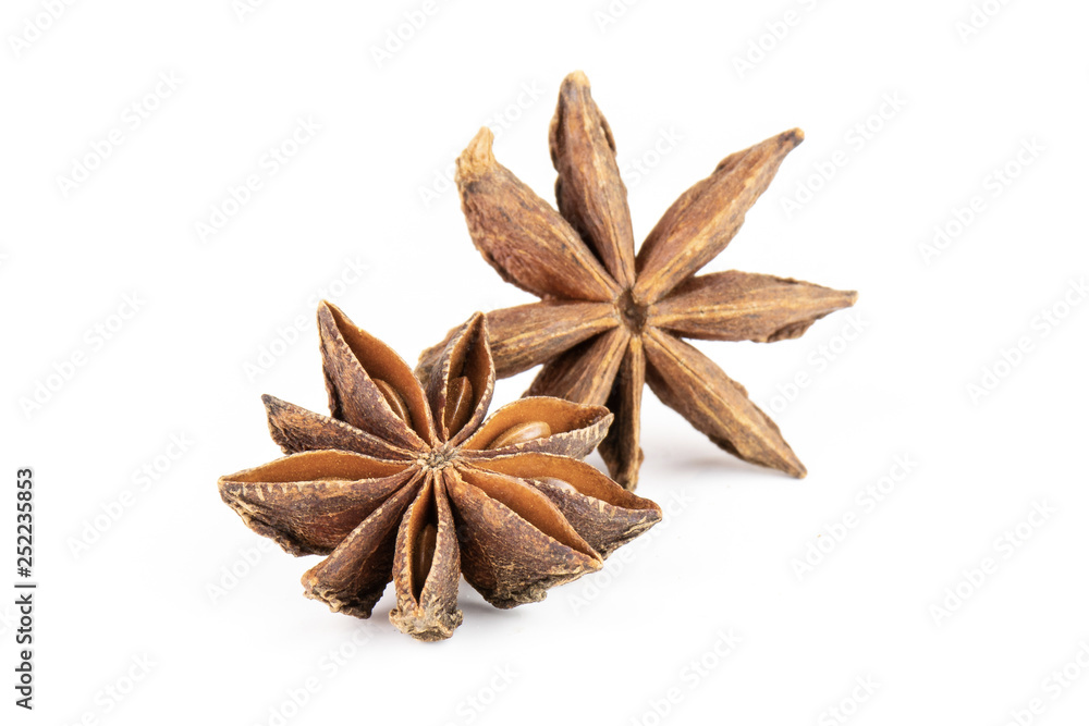 Closeup of two whole dry brown star anise fruit isolated on white background Closeup of two whole dry brown star anise fruit isolated on white background