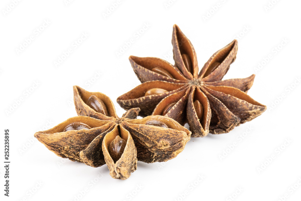 Group of two whole dry brown star anise fruit one is like a butterfly isolated on white background Group of two whole dry brown star anise fruit one is like a butterfly isolated on white background