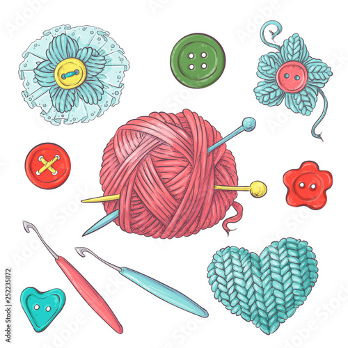 Set for handmade ball of yarn and accessories for crocheting and knitting.