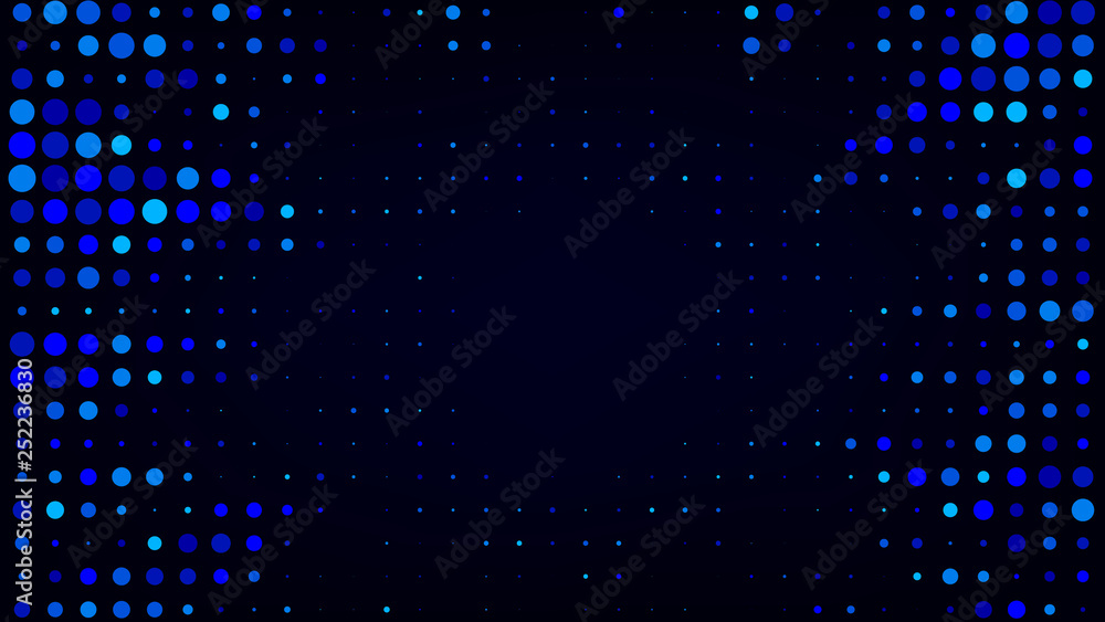 Festive shiny neon background. Halftone gradient pattern vector illustration. Explosion, salute. Glowing blue dotted, blue disco lights halftone texture. Pop Art comic Background. Dots background