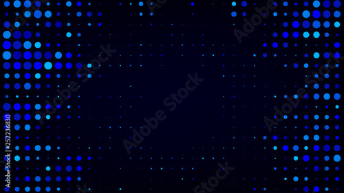 Festive shiny neon background. Halftone gradient pattern vector illustration. Explosion, salute. Glowing blue dotted, blue disco lights halftone texture. Pop Art comic Background. Dots background