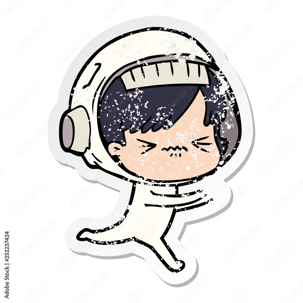 distressed sticker of a cartoon astronaut woman distressed sticker of a cartoon astronaut woman