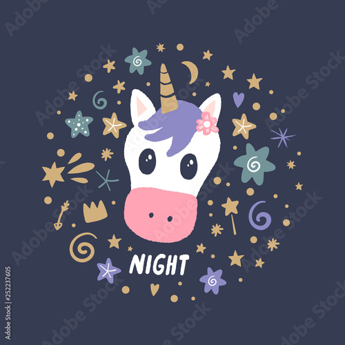 Vector cute animals art. Little pony, night unicorn in simple cartoon scandinavian style. Good for nursery clothes