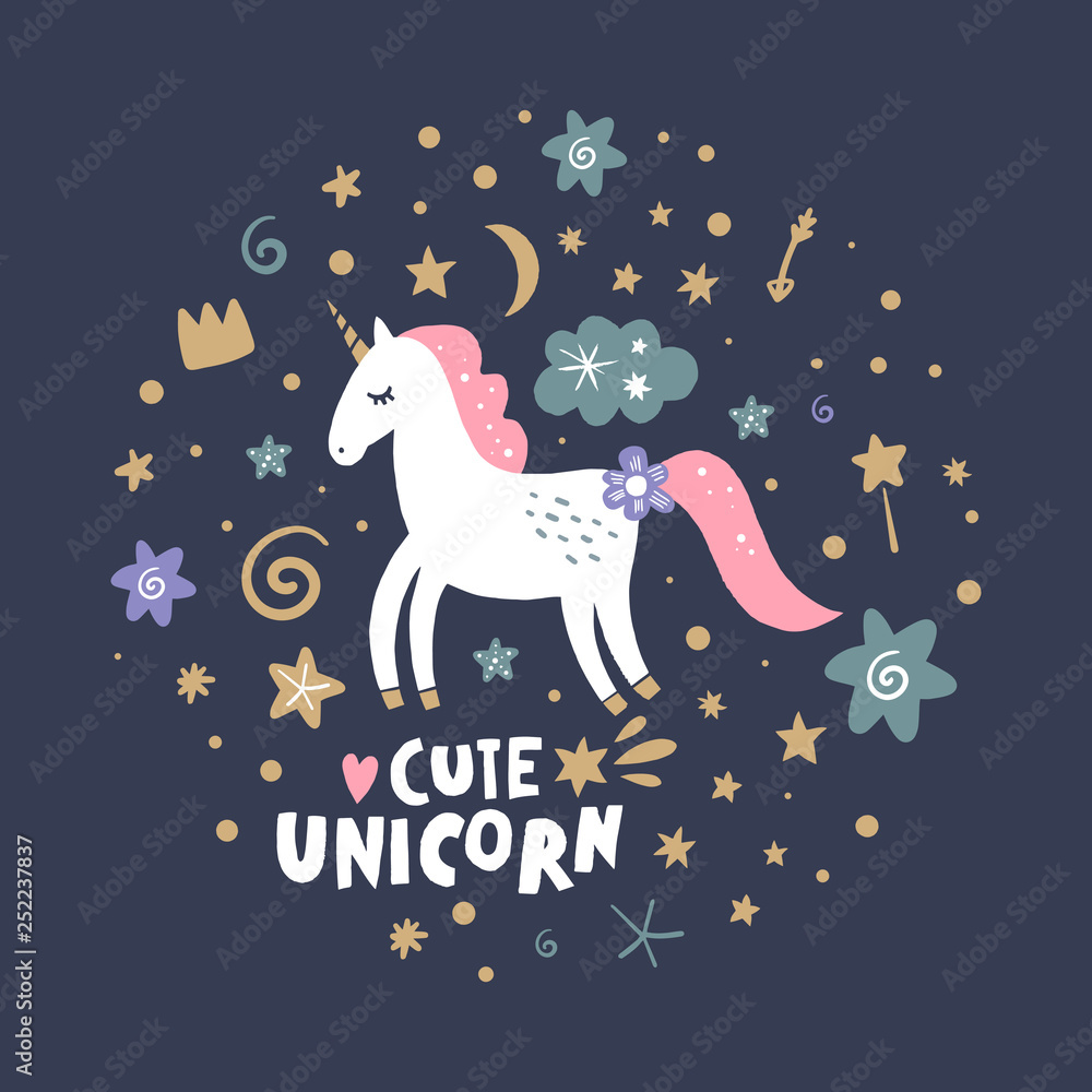 Vector cute animals art. Little pony, night unicorn in simple cartoon scandinavian style. Good for nursery clothes Vector cute animals art. Little pony, night unicorn in simple cartoon scandinavian style. Good for nursery clothes