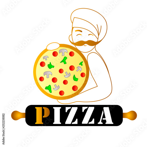 Pizzeria, fast food logo or label. Happy chef holding pizza and scapula in hands. Vector illustration 