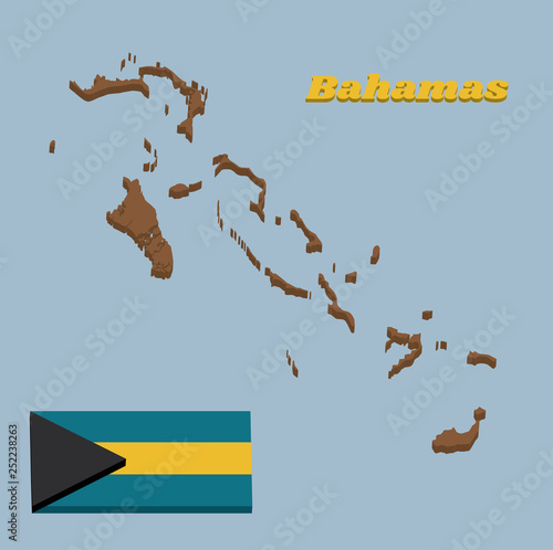 3D Map outline and flag of Bahamas, a horizontal triband of aquamarine (top and bottom) and gold with the black chevron aligned to the hoist-side.